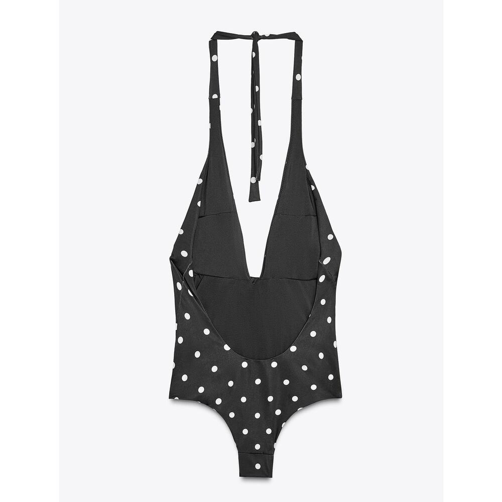 Zara NWT Black Polka Dot Halter Plunge One Piece Swimsuit L - Picture 12 of 12